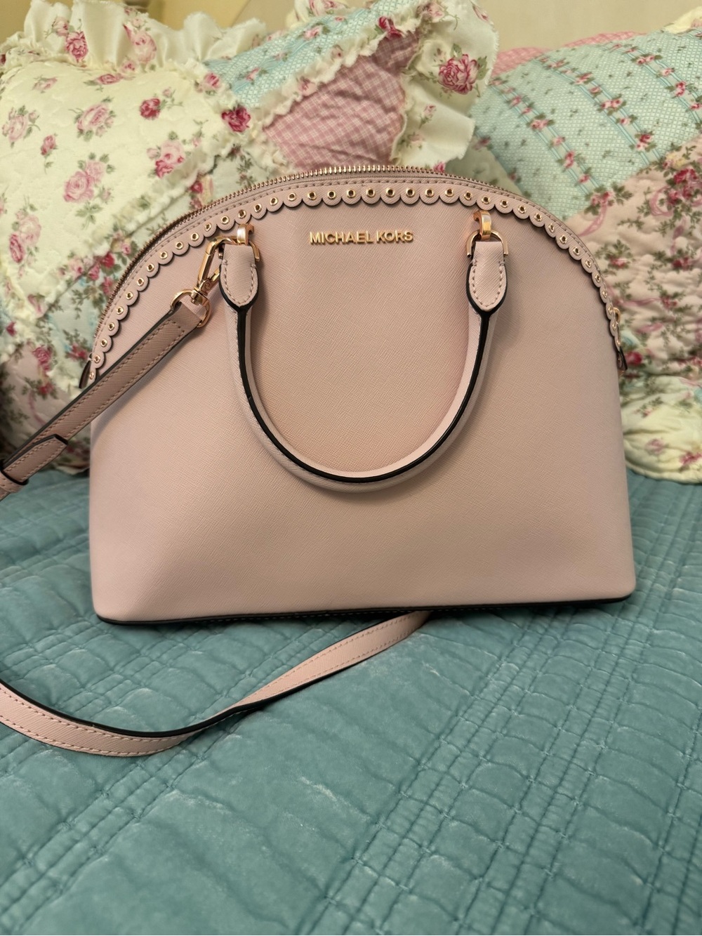 Michael Kors Light Pink Saffiano Dome Purse with Gold Hardware